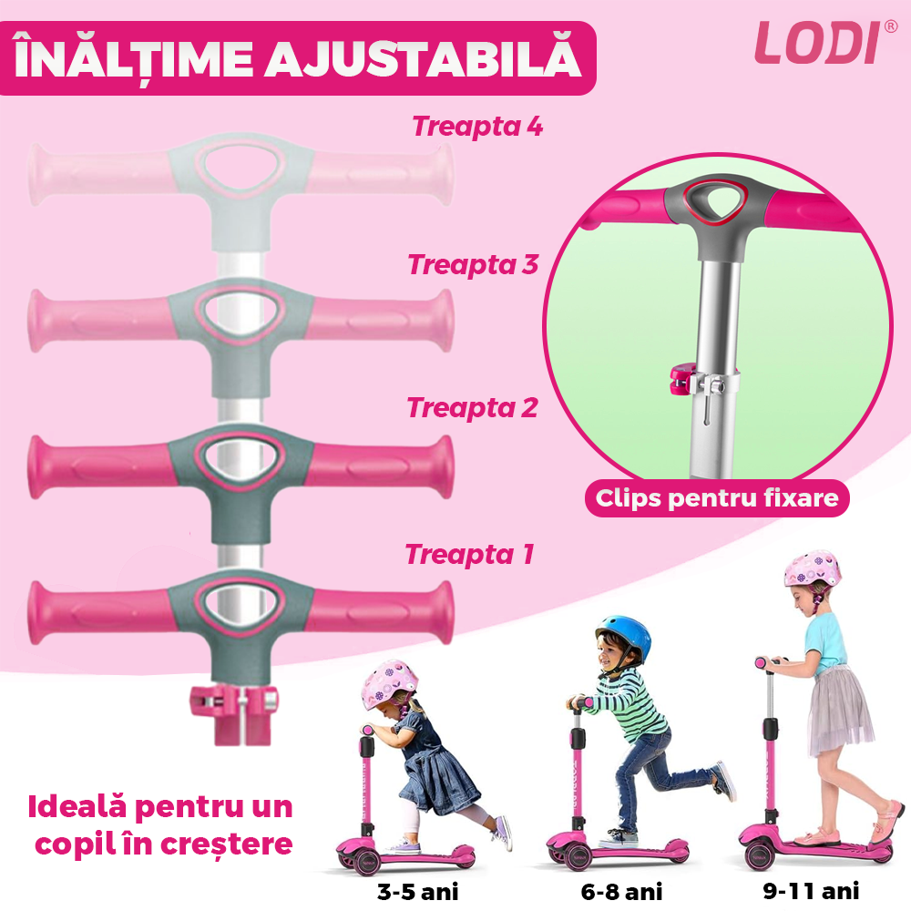 Trotineta pentru Copii cu Lumini Lodi1051, 3 roti, pliabila, anti-aluncare, inaltime ajustabila, stabila, frana, incorporata, 3-11 ani, roz