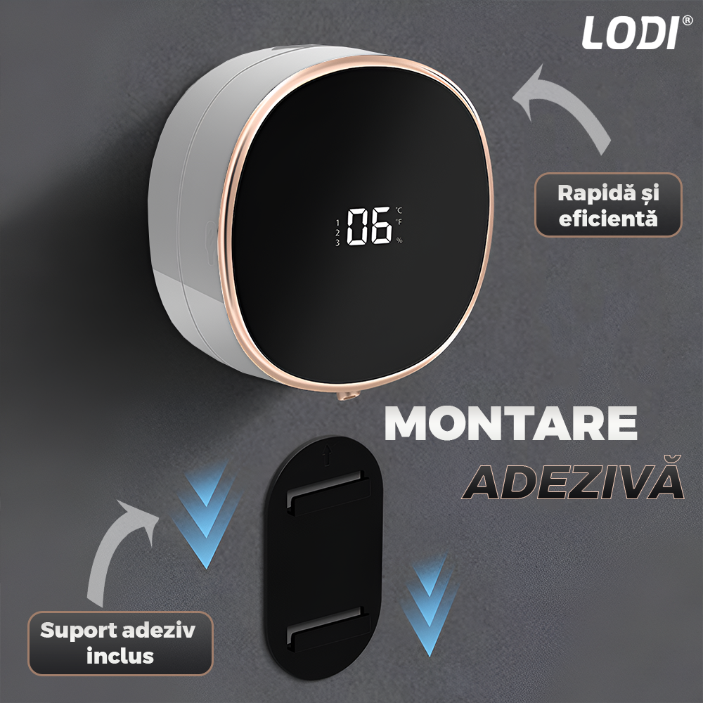 Dozator Automat pentru Sapun Lodi1217, spuma sau lichid, afisaj digital, 3 trepte de dozare, senzor inteligent de miscare, baterie reincarcabila, montare adeziva pe perete, alb/negru