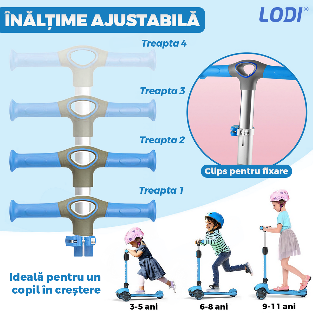 Trotineta pentru Copii cu Lumini Lodi1052, 3 roti, pliabila, anti-aluncare, inaltime ajustabila, stabila, frana, incorporata, 3-11 ani, albastru