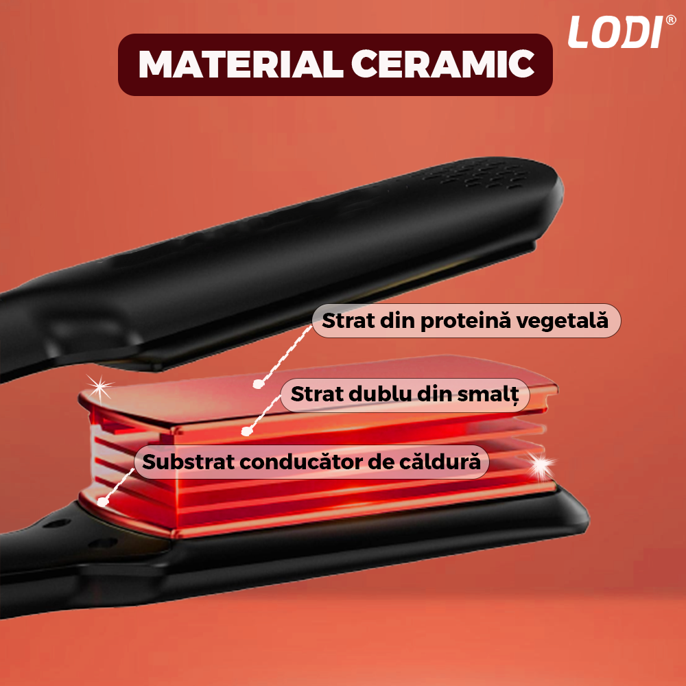 Placa profesionala de indreptat parul Lodi456, invelis ceramic, tehnologie cu abur, easy lock, par umed si uscat, 210°, rosu