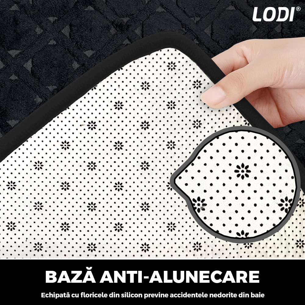 Set 2 Covorase de Baie Lodi1017, anti-derapante, material moale, design modern, model trifoi, 80x50 & 50x40cm, negru