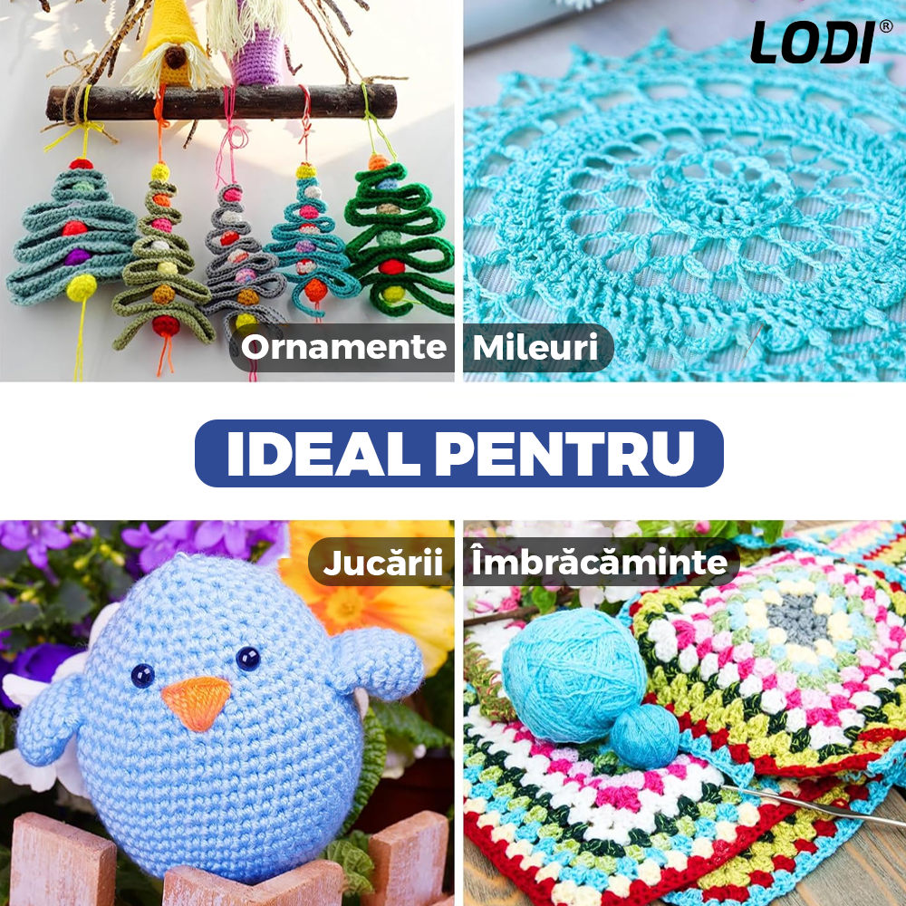 Set Profesional de Crosetat Lodi664, 100 de piese, 12 andrele subtiri argintii, 10 andrele groase multicolore, foarfeca, rigla si accesorii pentru tricotat, husa de depozitare, albastru
