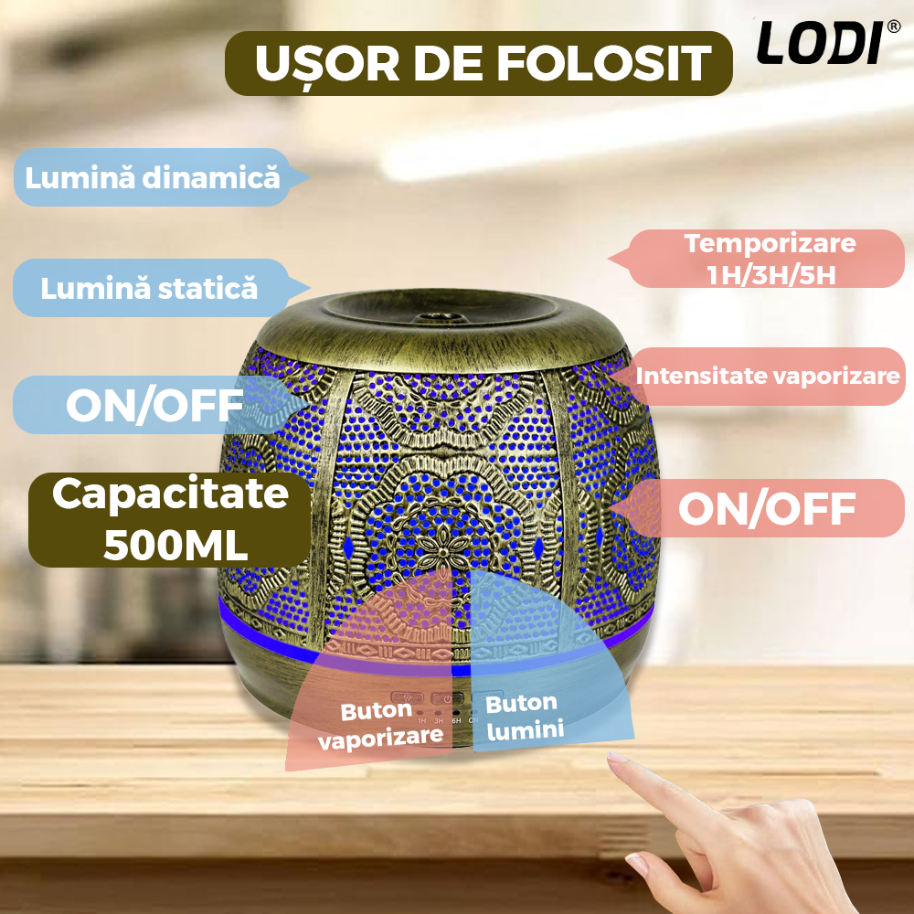 Difuzor Aromaterapie Lodi684, din metal, design vintage, 7 culori LED, 2 jocuri de lumini, capacitate 500ml, silentios, umidifica aerul, bronz