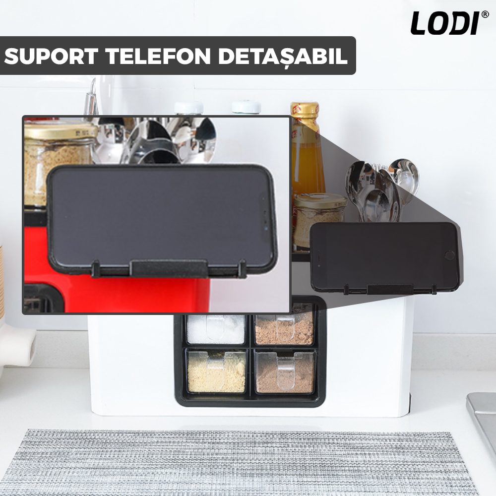 Organizator Multifunctional pentru Bucatarie Lodi534, 4 Compartimente, raft condimente, suport detasabil telefon, tavita de scurgere, suport tacamuri/ustensile, alb