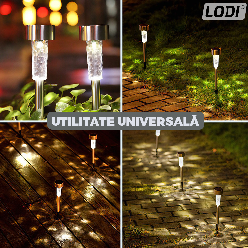 Set 10 Lampi Solare pentru Gradina Lodi1118, tehnologie LED, pentru exterior, incarcare solara, autonomie 8 ore, tip tarus, material metal, lumina alb cald