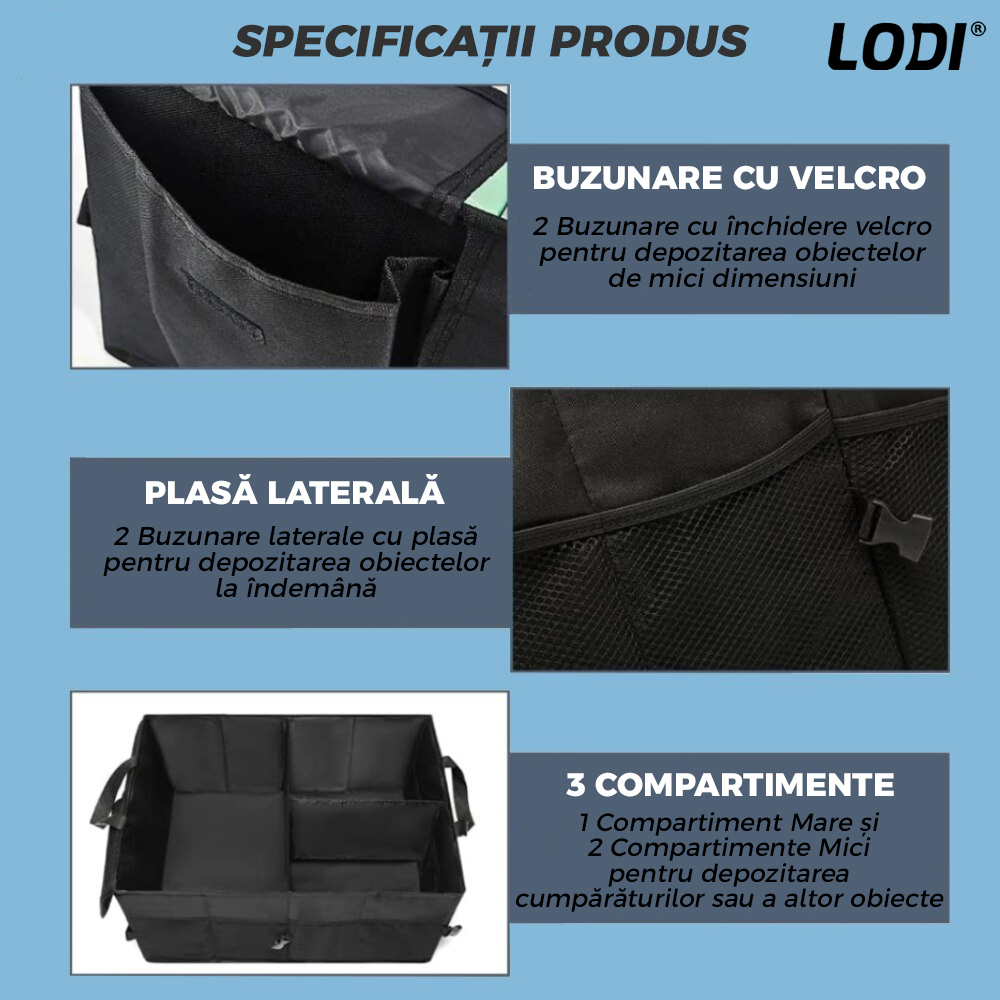Organizator Auto Portbagaj Lodi293, 7 compartimente, pliabil, impermeabil, portabil, chingi de ancorare, multifunctional, universal, negru