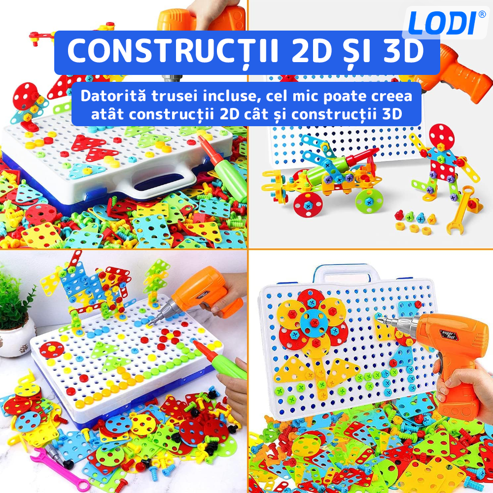 Jucarie Educativa si Interactiva 4in1 Lodi511, 151 piese, bormasina pentru inginerie, pentru fete si baieti, manual inclus, puzzle 3D/2D, dezvoltare STEM, montessori, multicolor