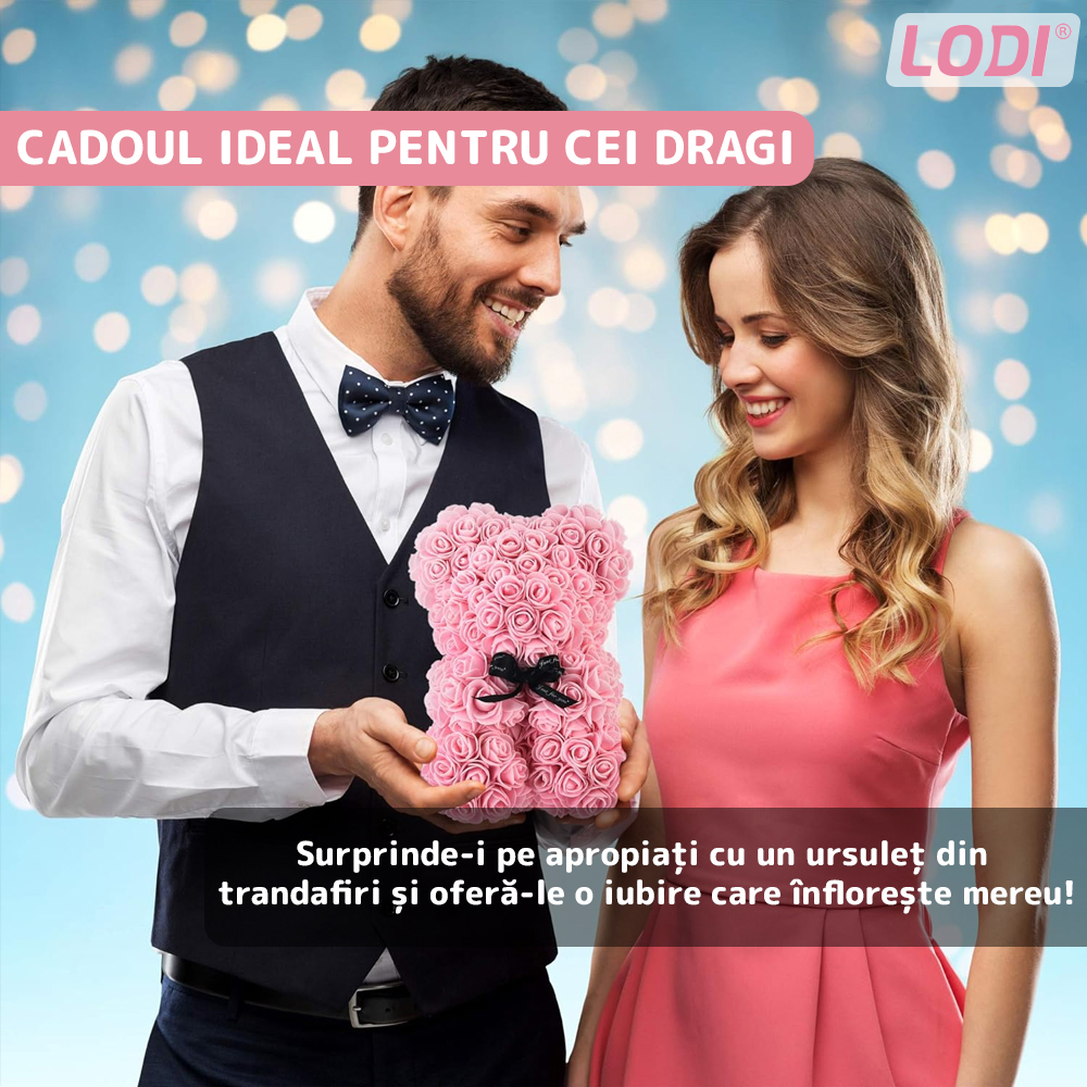 Ursulet din Trandafiri de Spuma Lodi331, floral roz, handmade, cutie transparenta, 25 cm