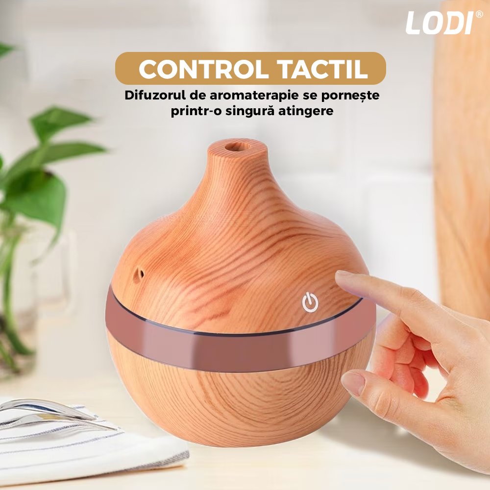 Difuzor Aromaterapie Lodi209, 7 culori LED, lumini dinamice, control tactil, capacitate 200ml, silentios, rezerva inclusa, umidifica aerul, stejar deschis