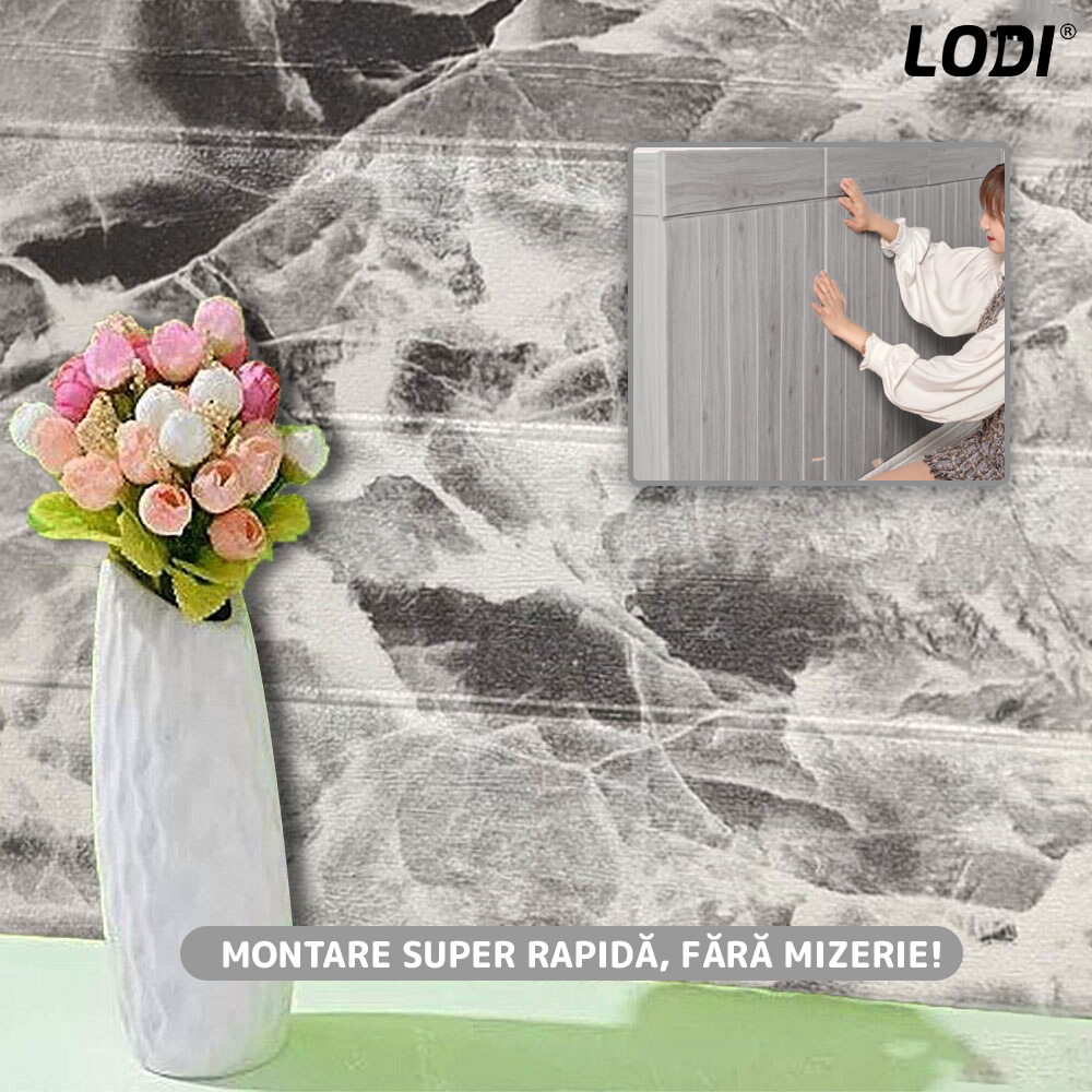 Set Tapet Panou 3D Lodi98, Model Marmura, suprafata acoperire 4.9 mp, autoadeziv, waterproof, usor de montat, design modern, 70x70 cm, gri