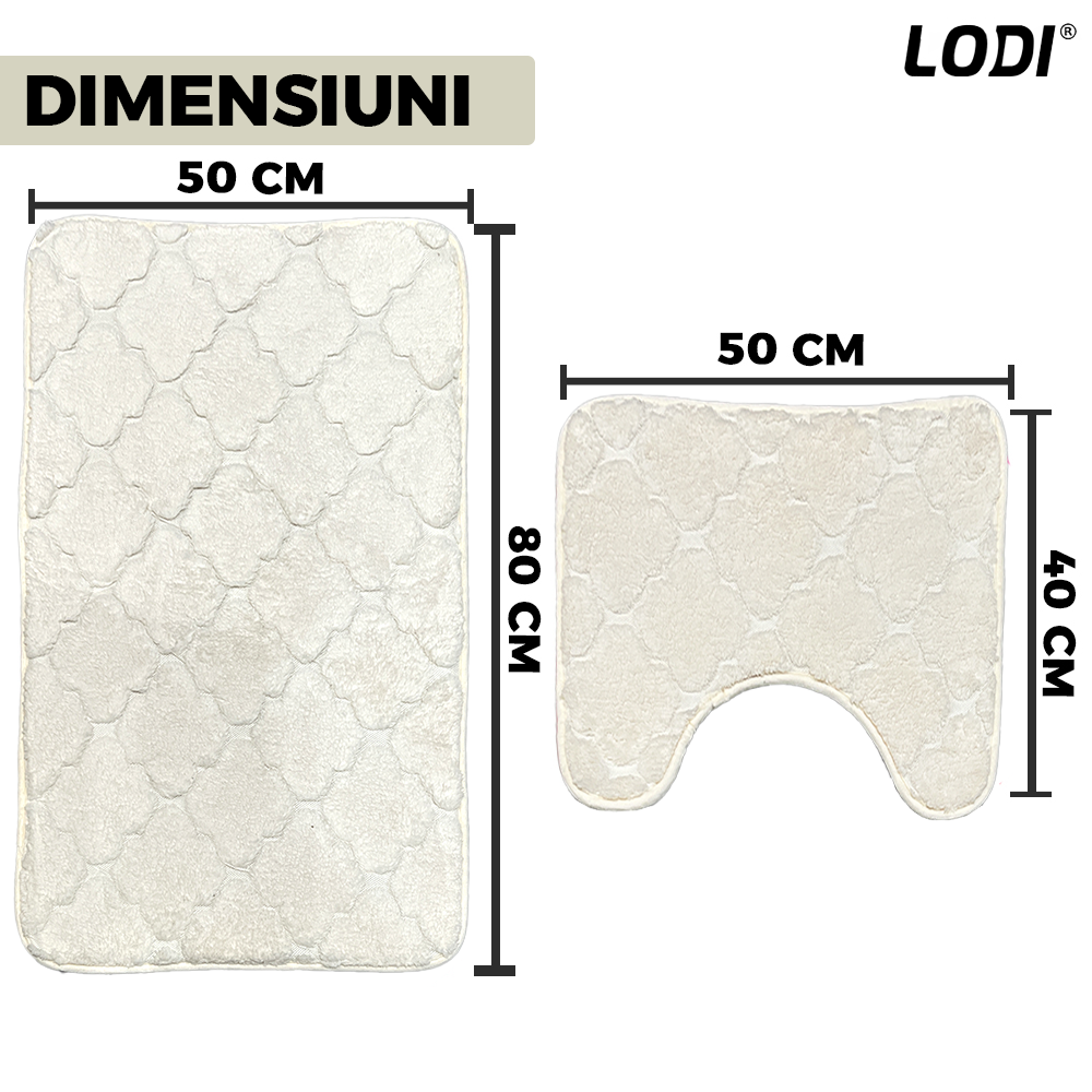 Set 2 Covorase de Baie Lodi1013, anti-derapante, material moale, design modern, model floral, 80x50 & 50x40cm, bej