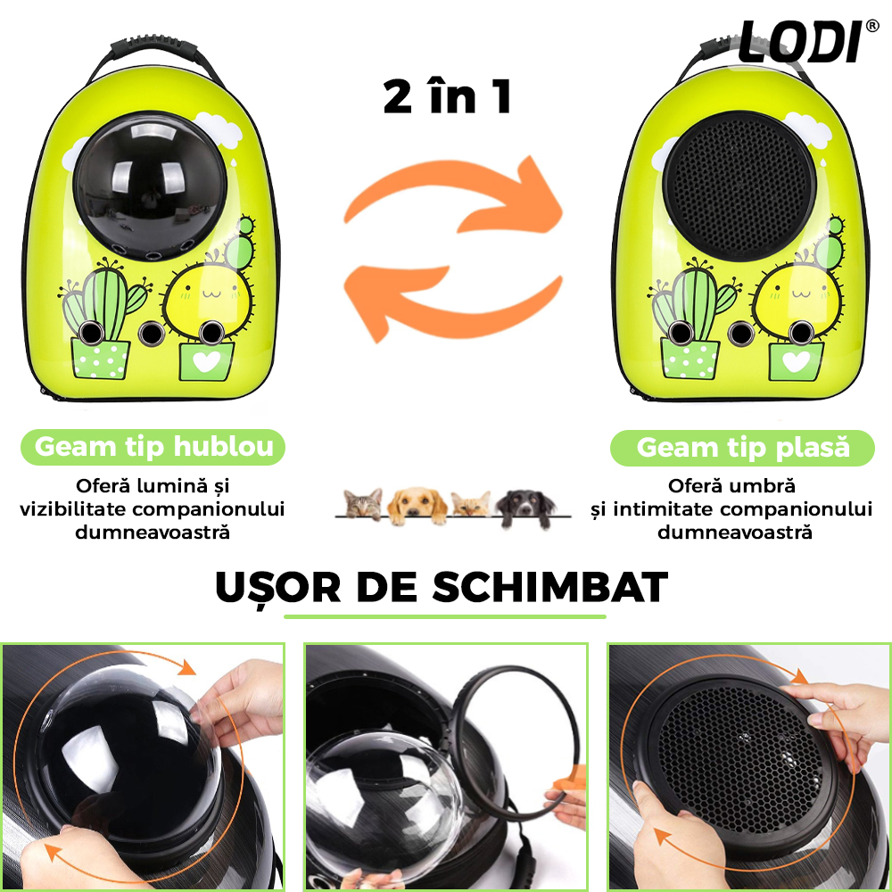 Rucsac Transport Animale Lodi27, greutate Max 7kg, hublou transparent, buzunar lateral, accesorii incluse, pentru talie mica, model Cactus, verde