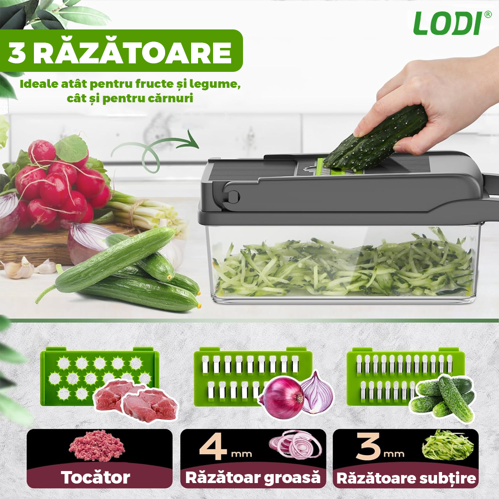 Feliator de Legume 13 in 1 Lodi752, multifunctional, 8 taieturi, accesorii pentru tocat, maruntit, feliat, julienne, separator de oua, lame de inox, 28 x 13 cm, verde