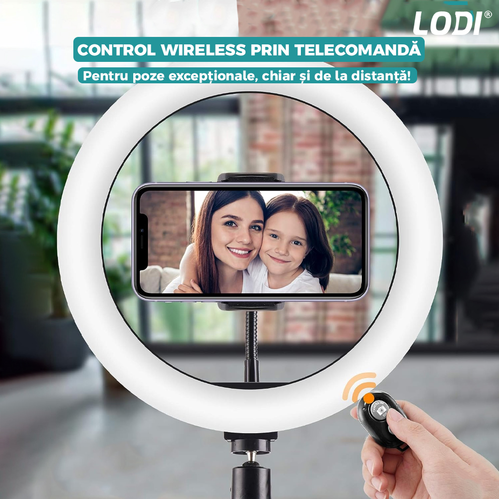 Lampa Circulara Ring Light Lodi207, Diametru 45cm/18 Inch, 3 moduri de lumina, 10 trepte reglaj, telecomanda si trepied 210 cm incluse, suport triplu telefon, compatibilitate universala, alb