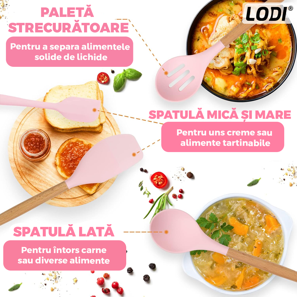 Set Ustensile Bucatarie 12 Piese Silicon Alimentar Lodi1496, termorezistente, antiaderente, sigure, suport inox, roz