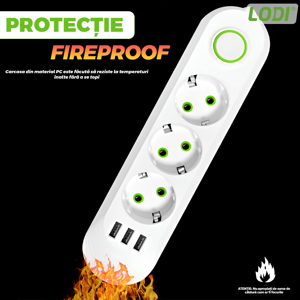 Prelungitor Lodi1276, 3 prize, 3 porturi USB, intrerupator, suport de agatare incorporat, rezistent la temperaturi inalte, universal, lungime 2 metri, alb