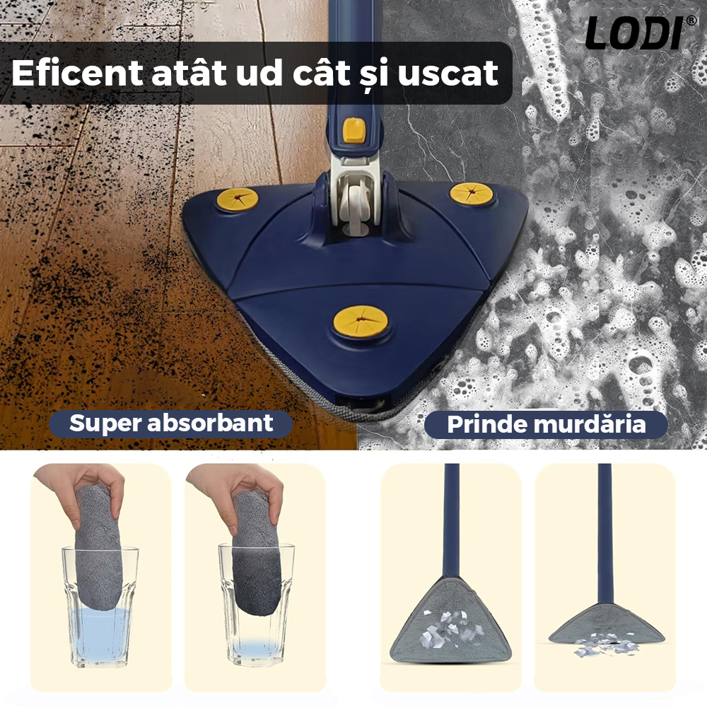 Mop cu Cap Triunghiular Lodi321, rotire 360 grade, telescopic, curatare usoara, 4 lavete incluse, 127 cm, albastru/galben