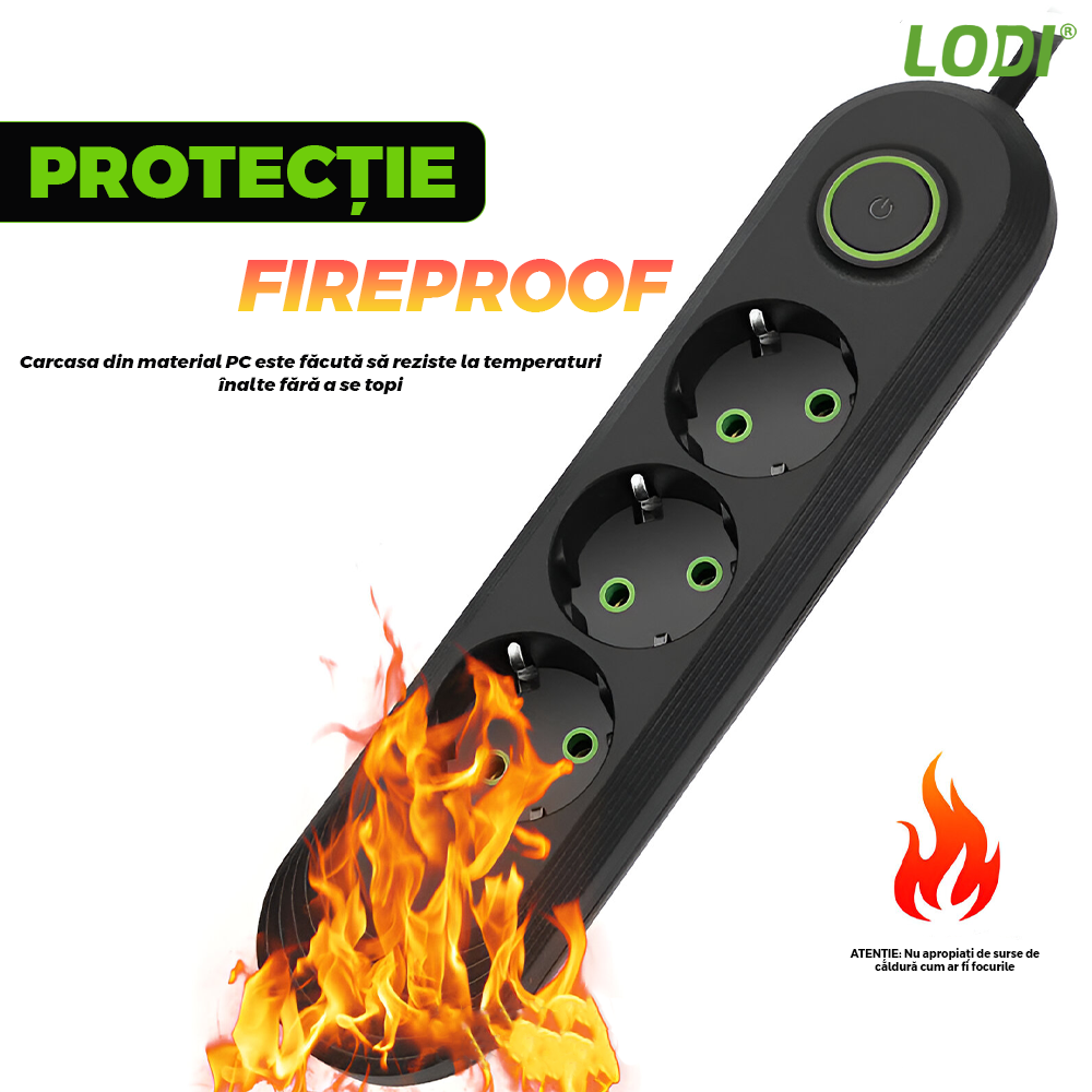 Prelungitor Lodi1277, 3 prize, 3 porturi USB, intrerupator, suport de agatare incorporat, rezistent la temperaturi inalte, universal, lungime 2 metri, negru