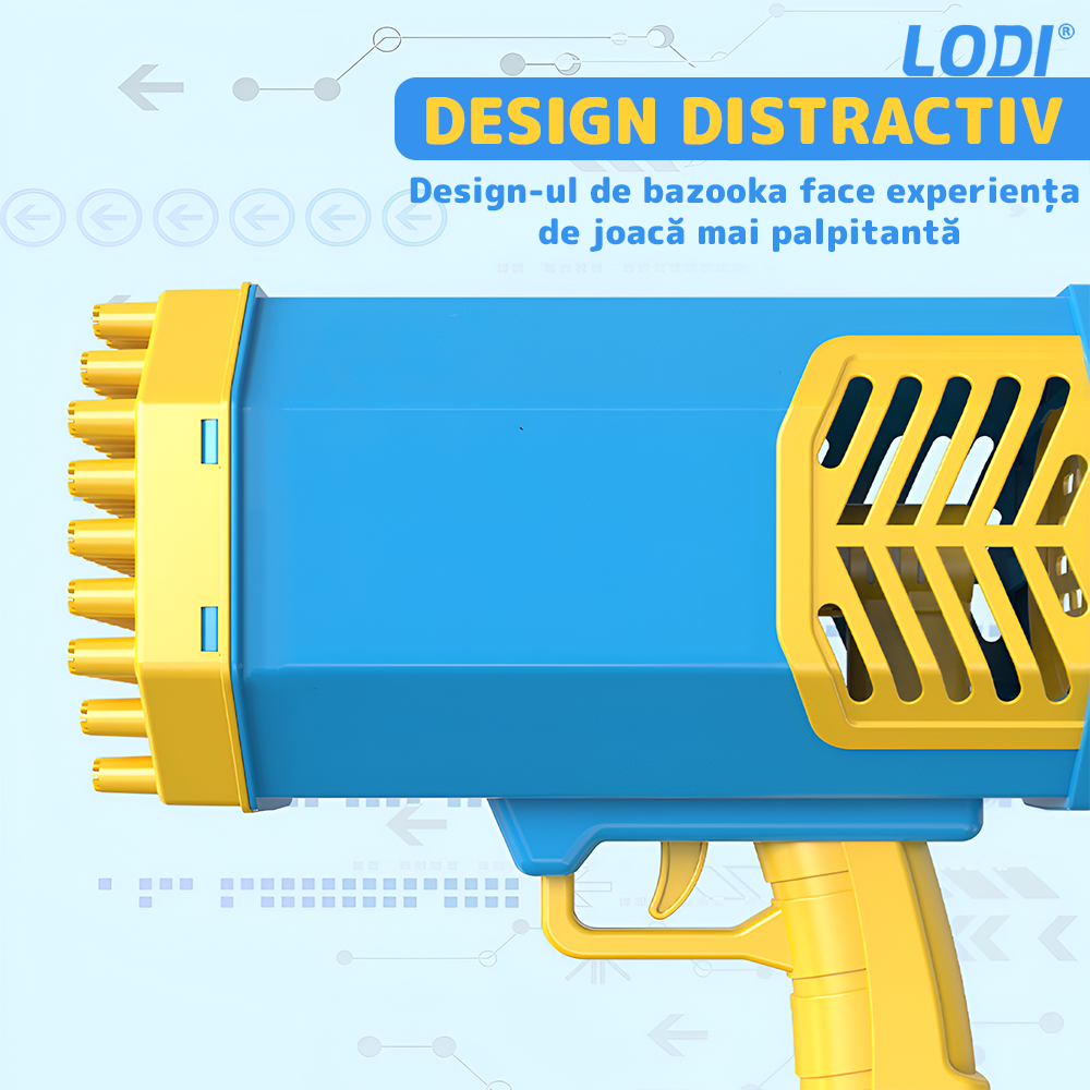 Pistol de Facut Baloane Bubble Gun Lodi1213, tip Bazooka, automat, 69 orificii pentru bule, alimentare cu baterii, albastru/galben