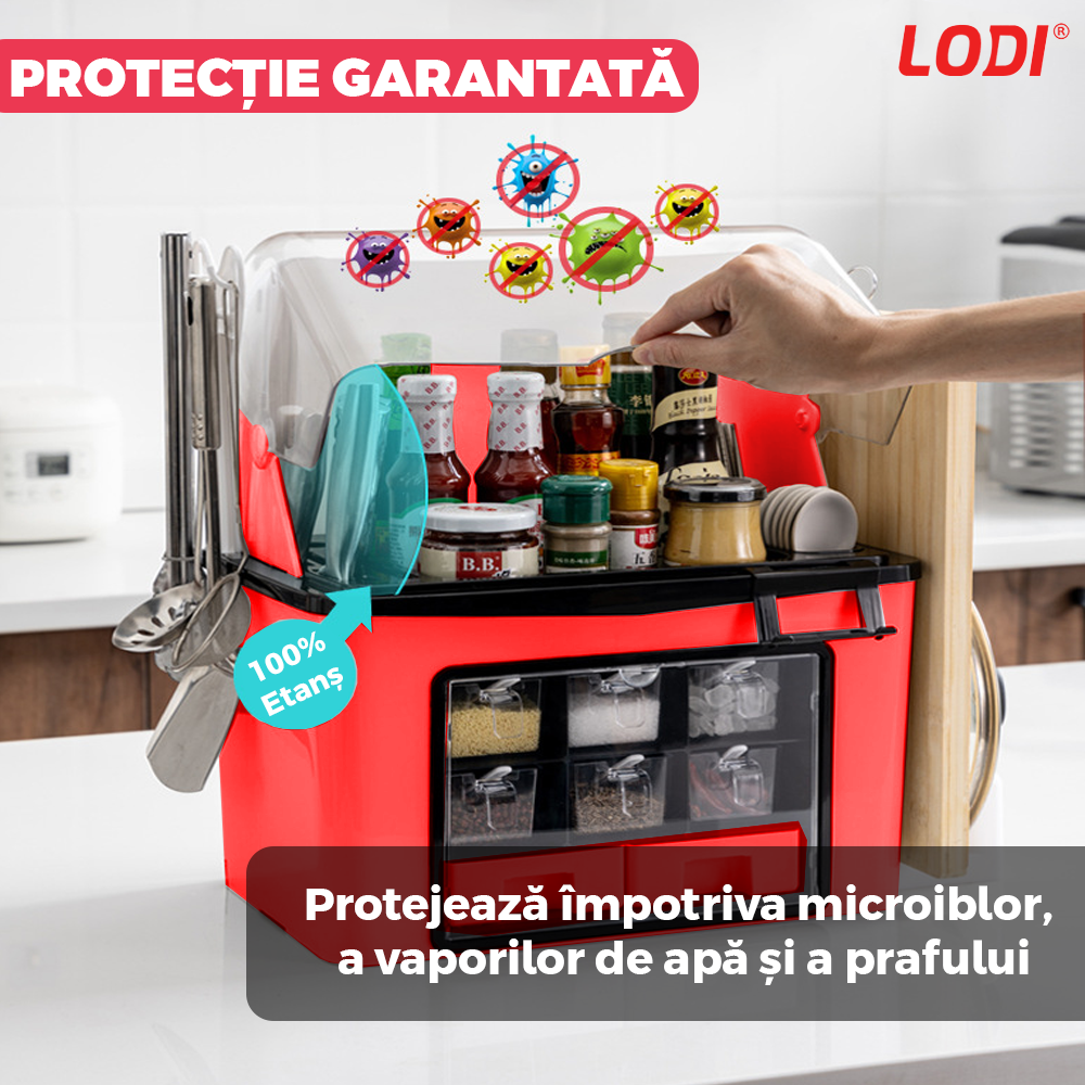 Organizator Multifunctional pentru Bucatarie Lodi484, suport sticle, rafturi pentru condimente, cuier pentru ustensile, suport cutite, 46 x 26 x 43 cm, rosu