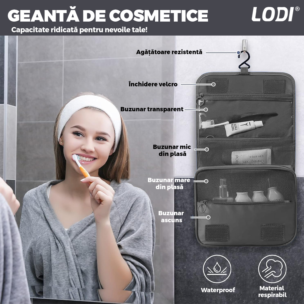 Set 8 Organizatoare Lodi673, pentru calatorie, diferite marimi, 3 genti cu plasa, 1 geanta pentru lenjerie, geanta pentru cosmetice, sac pentru hainele murdare, inchidere cu fermoar dublu, plasa, gri