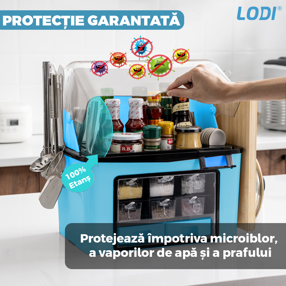 Organizator Multifunctional pentru Bucatarie Lodi485, suport sticle, rafturi pentru condimente, cuier pentru ustensile, suport cutite, 46 x 26 x 43 cm, albastru