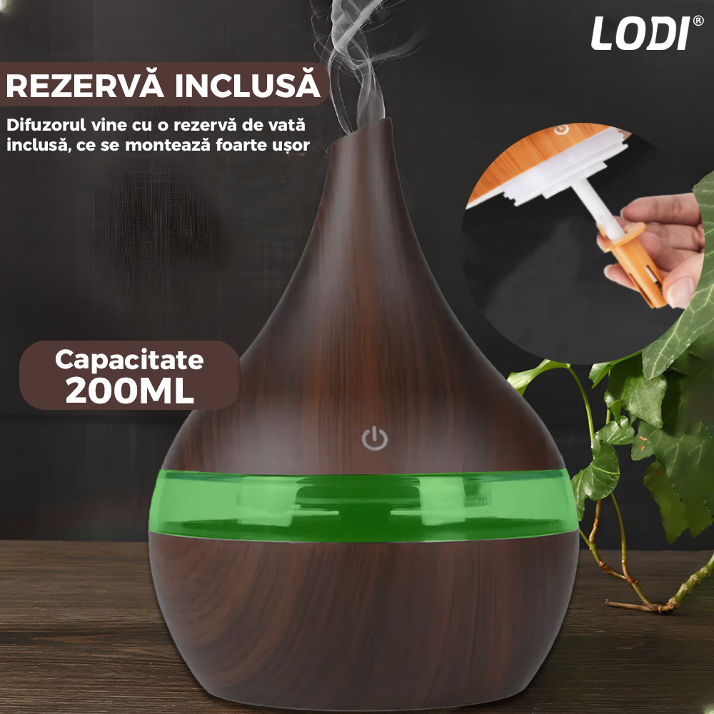 Difuzor Aromaterapie Lodi1463, forma conica, lumini ambientale, control tactil, capacitate 200ml, silentios, rezerva inclusa, alimentare USB, umidifica aerul, stejar inchis