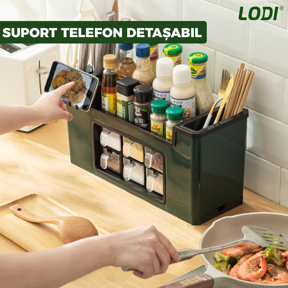 Organizator Multifunctional pentru Bucatarie Lodi533, 6 Compartimente, raft condimente, suport detasabil telefon, tavita de scurgere, suport tacamuri/ustensile, verde