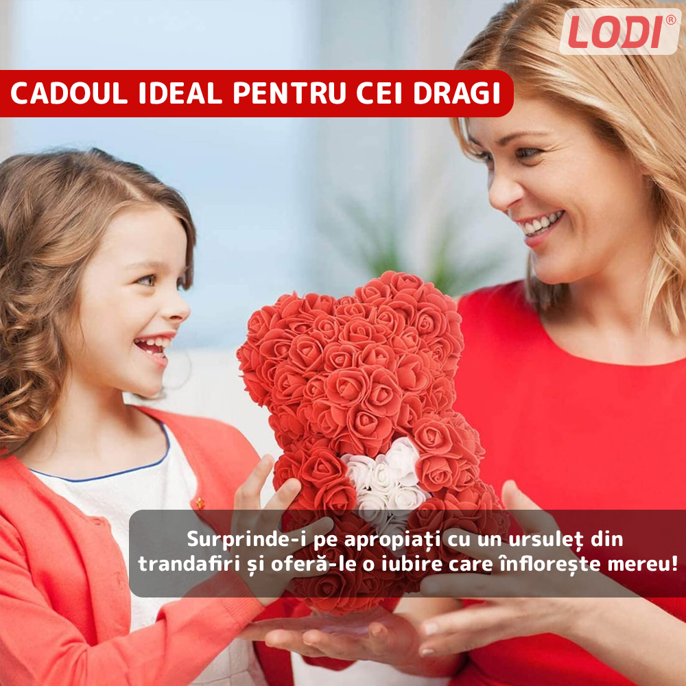 Ursulet din Trandafiri de Spuma Lodi334, floral rosu cu burtica alba, handmade, cutie transparenta, 25 cm