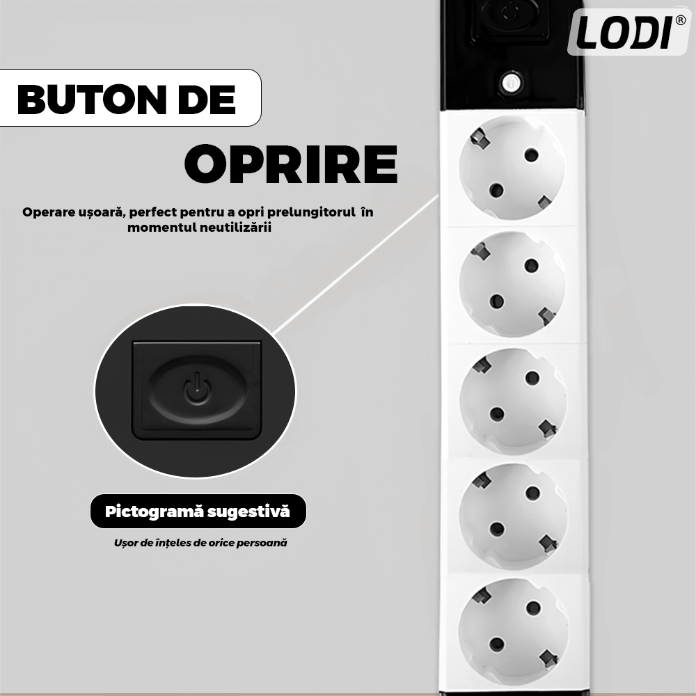 Prelungitor Lodi1281, 5 prize, intrerupator, suport de agatare incorporat, rezistent la temperaturi inalte, universal, lungime 5 metri, negru/alb