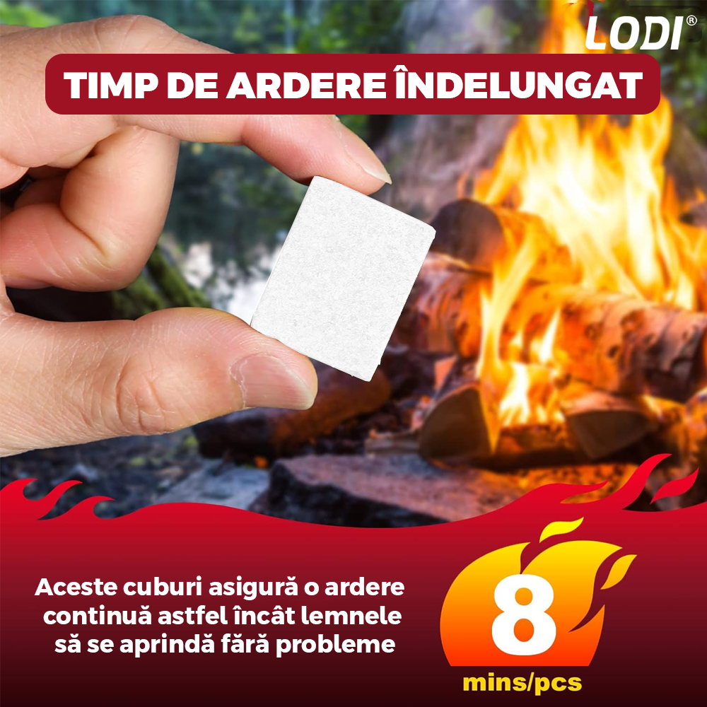 Set Cuburi pentru Aprins Focul Lodi, pastile aprinzatoare, timp indelungat de ardere, incalzire centrala, seminee, sobe, camping, drumetii