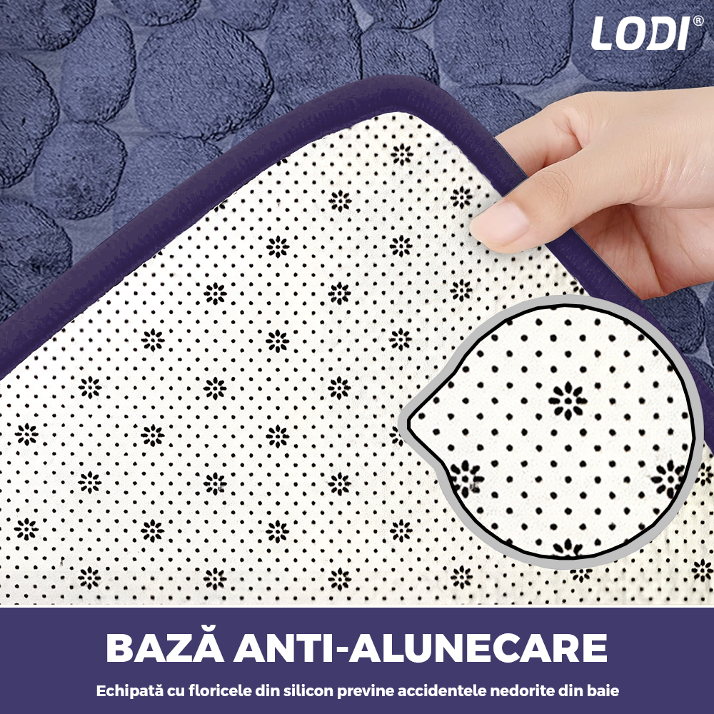 Set 2 Covorase de Baie Lodi1014, anti-derapante, material moale, design modern, model pietre, 80x50 & 50x40cm, bleumarin