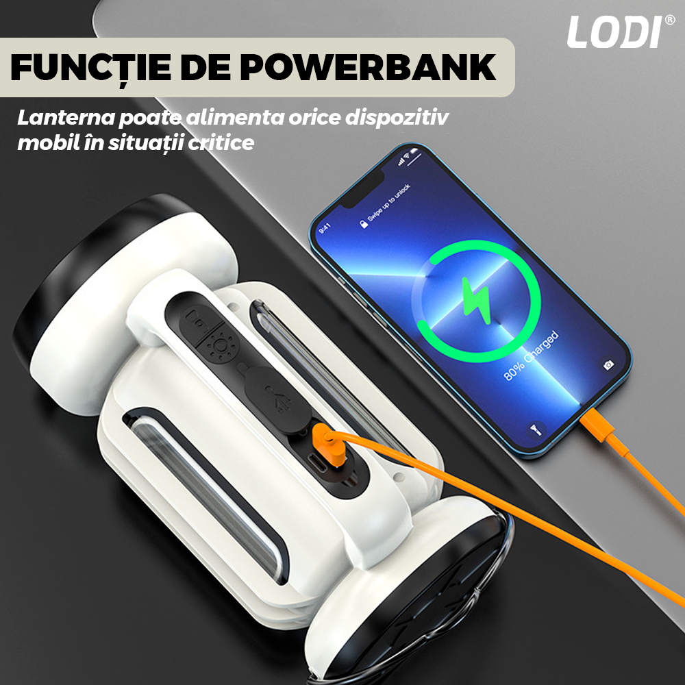 Lanterna LED 2 in 1 Lodi1082, tip felinar, multifunctionala, 3 surse de lumina, luminozitate ajustabila, functie de power bank, alimentare la retea, tehnologie LED+COB, alb