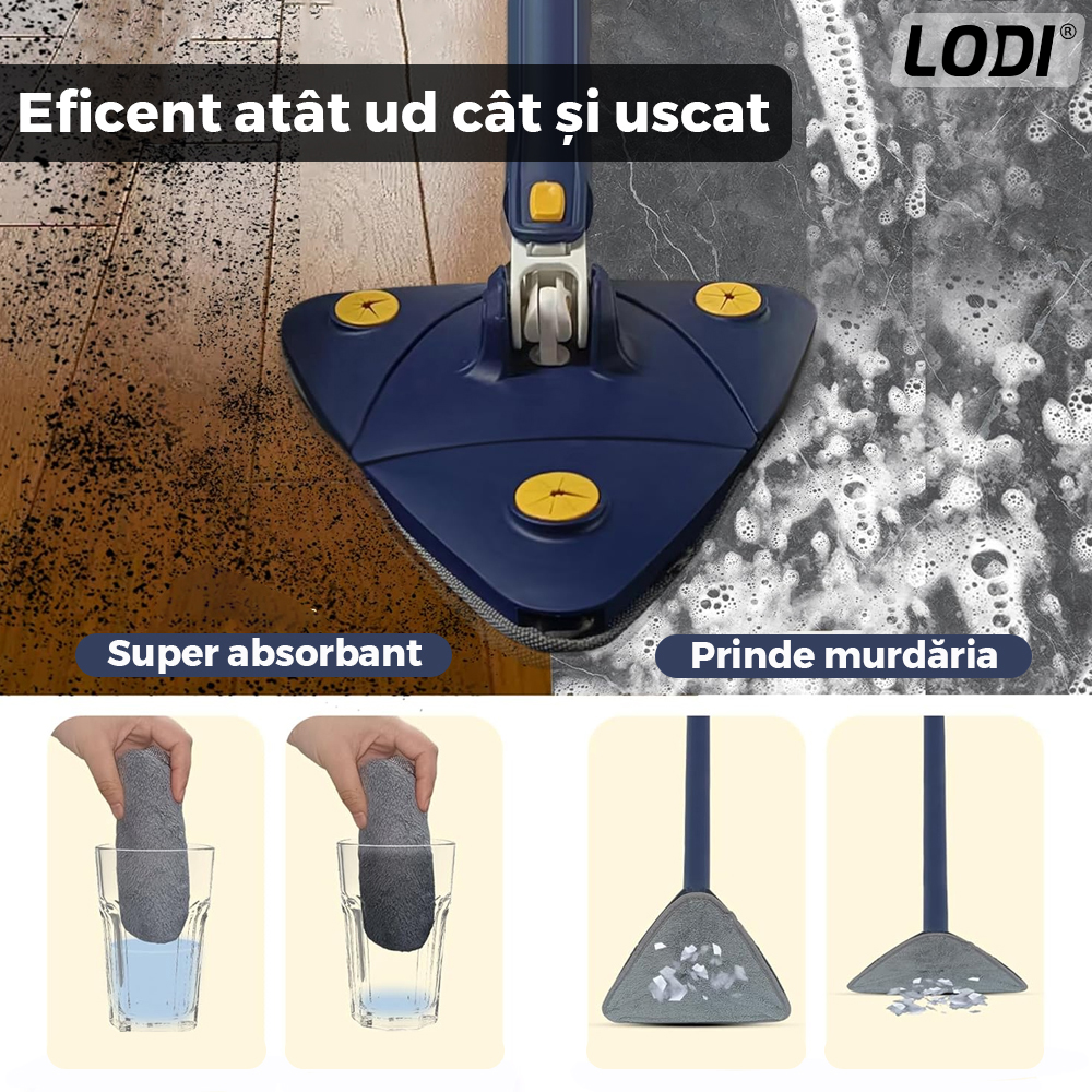 Mop cu Cap Triunghiular Lodi669, rotire 360 grade, telescopic, curatare usoara, 1 laveta inclusa, 127 cm, albastru/galben