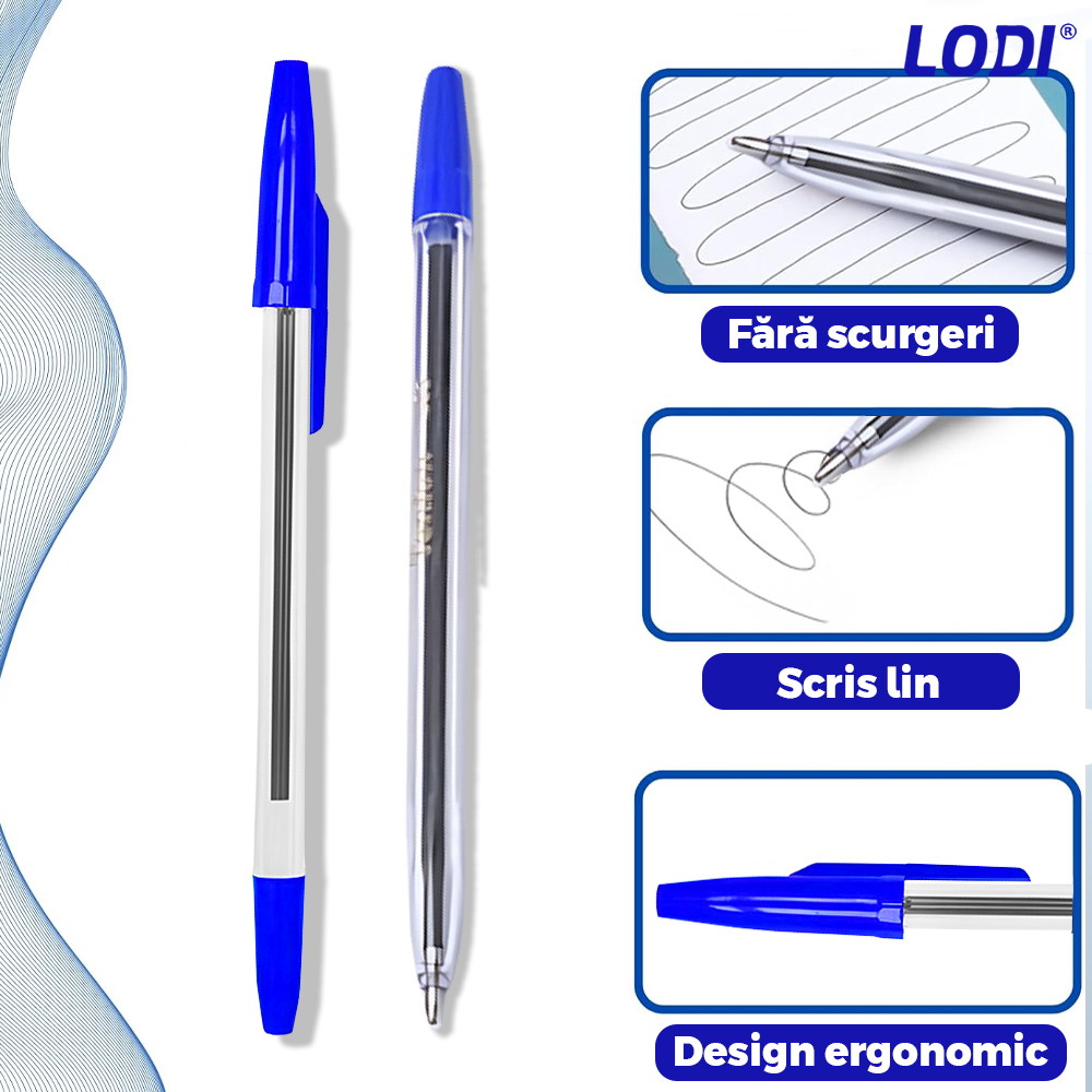 Set 50 de Pixuri Lodi1508, tip ballpoint, material rezistent, durabile, rezistente in timp, cap 0.7 mm, scriere neteda cu uscare rapida, cu capac, corp de plastic, albastru
