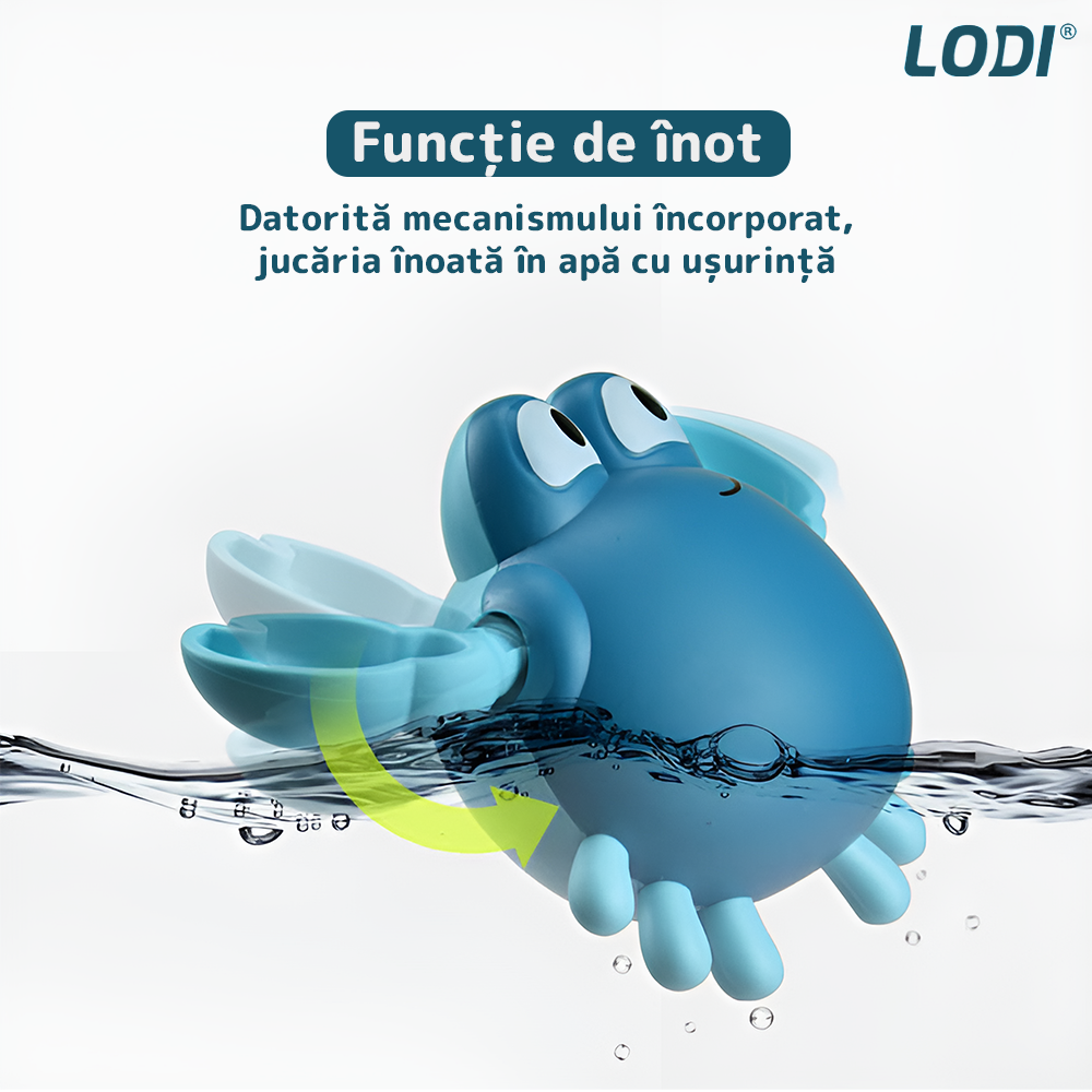Jucarie de Baie pentru Copii Lodi856, Crab Inotator, interactiva, fara baterii, mecanism cu cheita, 9 x12 cm, albastru