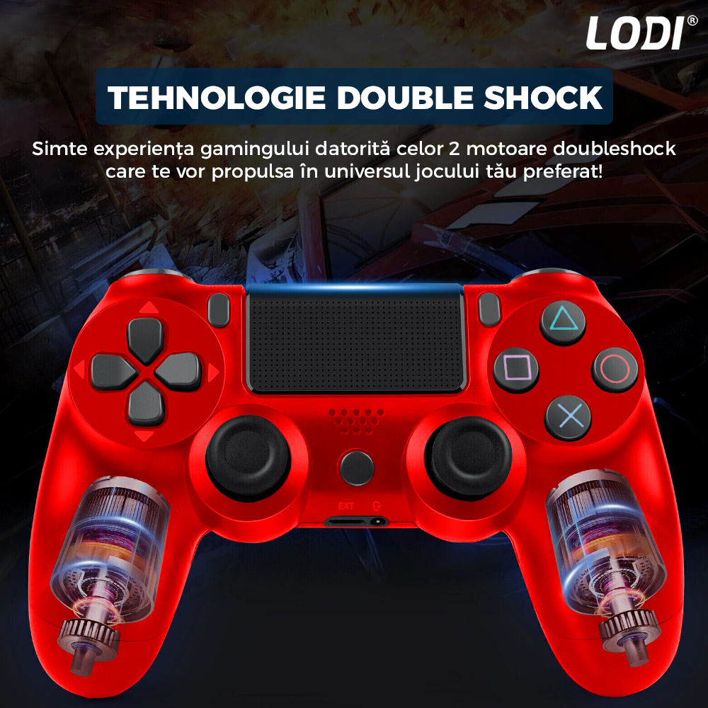Controller Wireless DoubleShock Lodi1196, compatibil cu PS4, joystick-uri analog, vibratie dubla, baterie performanta, rosu