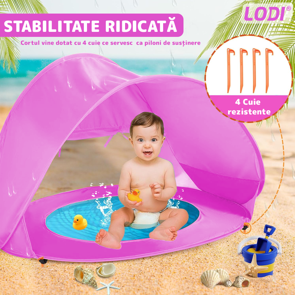 Cort Portabil de Vara pentru Bebelusi Lodi1098, adapost impermeabil pentru plaja, cu piscina, protectie UV si UPF 50+, multifunctional, 117x79x70 cm, roz