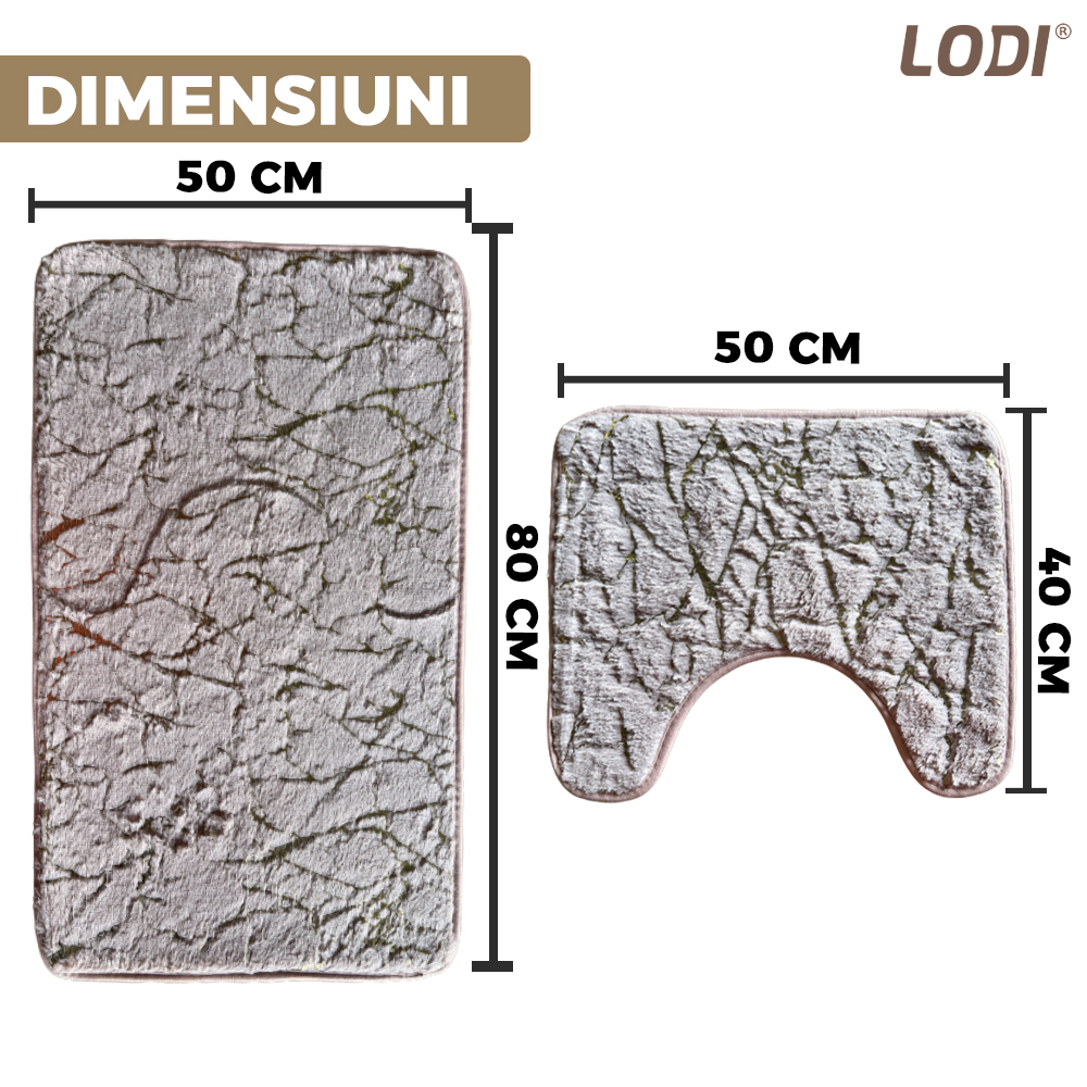 Set 2 Covorase de Baie Lodi435, anti-derapante, material moale, design modern, finisaj auriu, Model 5, 80x50 & 50x40cm, roz pudrat