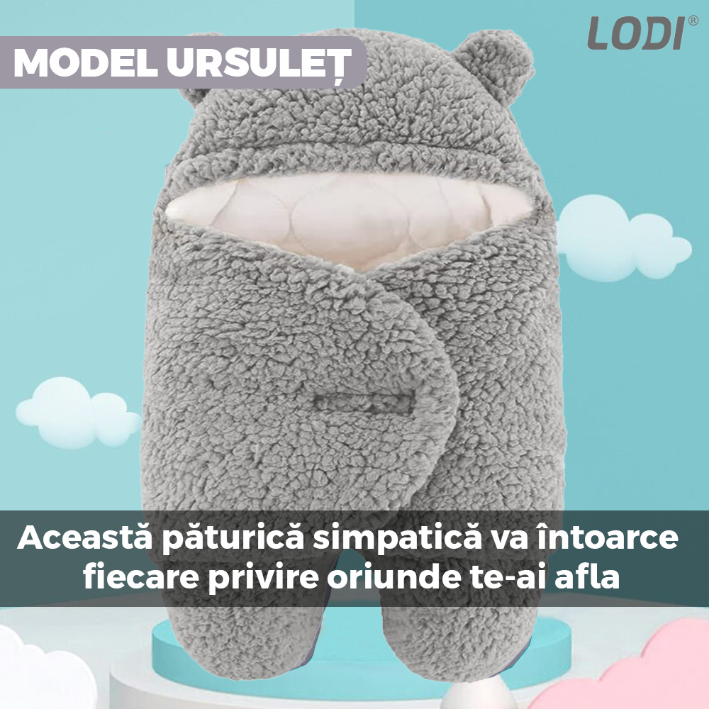 Paturica Pufoasa pentru Bebe Lodi499, calduroasa, in forma de ursulet pentru infasat bebelusi, prindere velcro, 0-6 luni, gri deschis