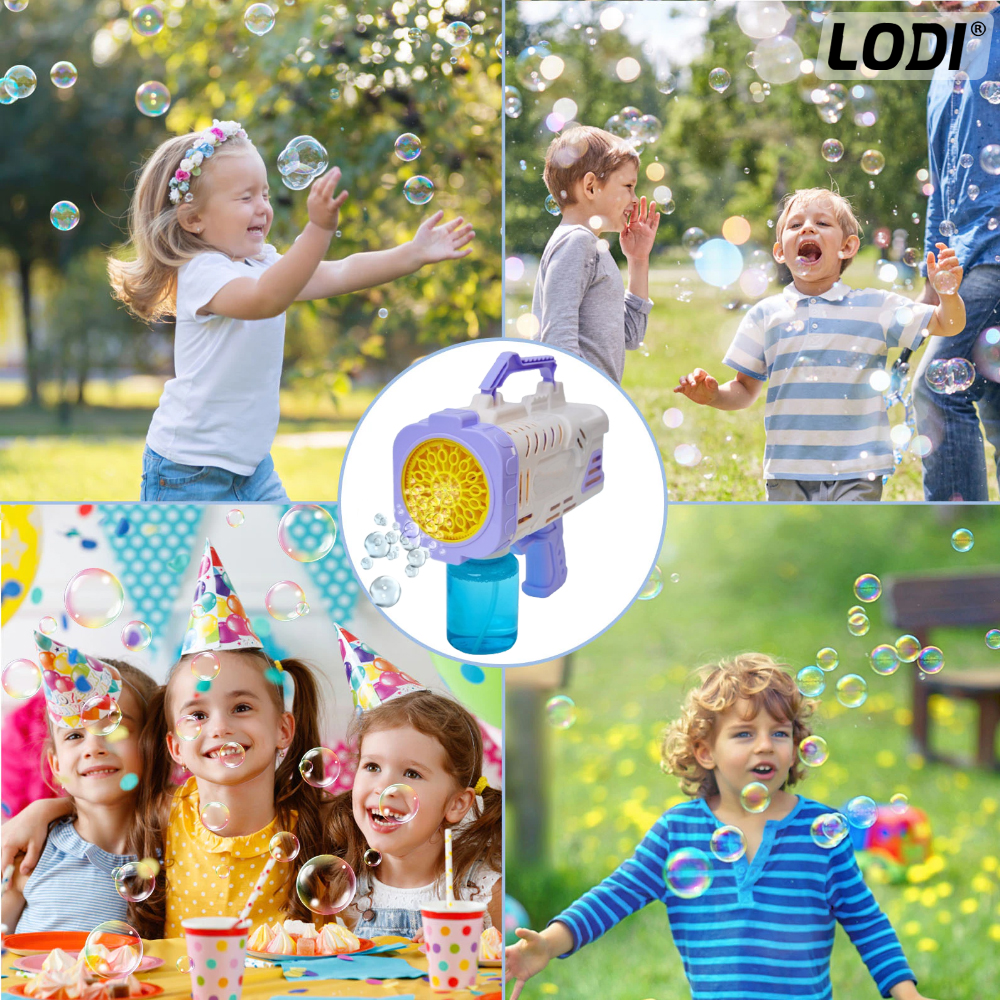 Pistol de Facut Baloane Bubble Gun Lodi67, tip Bazooka, automat, rezerva incluse, alimentare cu baterii, alb/mov