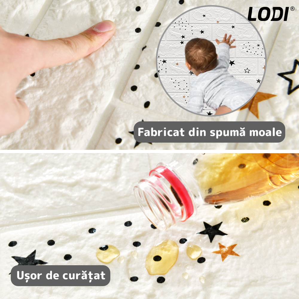 Set Tapet Caramida 3D Lodi69, model Stelute, suprafata acoperire 5.3 mp, autoadeziv, waterproof, usor de montat, design modern, 70x77 cm, alb