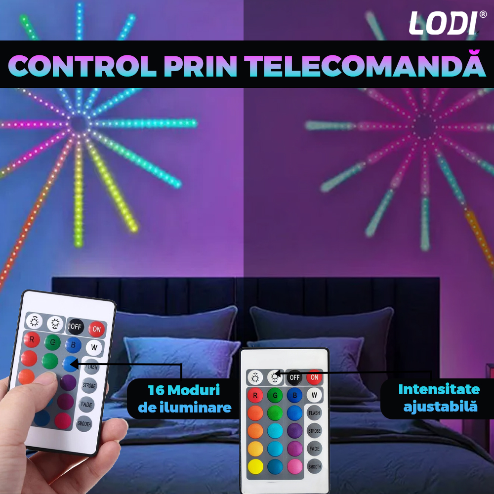 Kit Banda LED RGB Lodi420, model artificii, inteligenta cu intensitate de lumina si culori reglabile, control prin telecomanda cu 24 taste si aplicatie telefonica, 5050RGB, utilizare exterior IP65, 10 m, multicolora