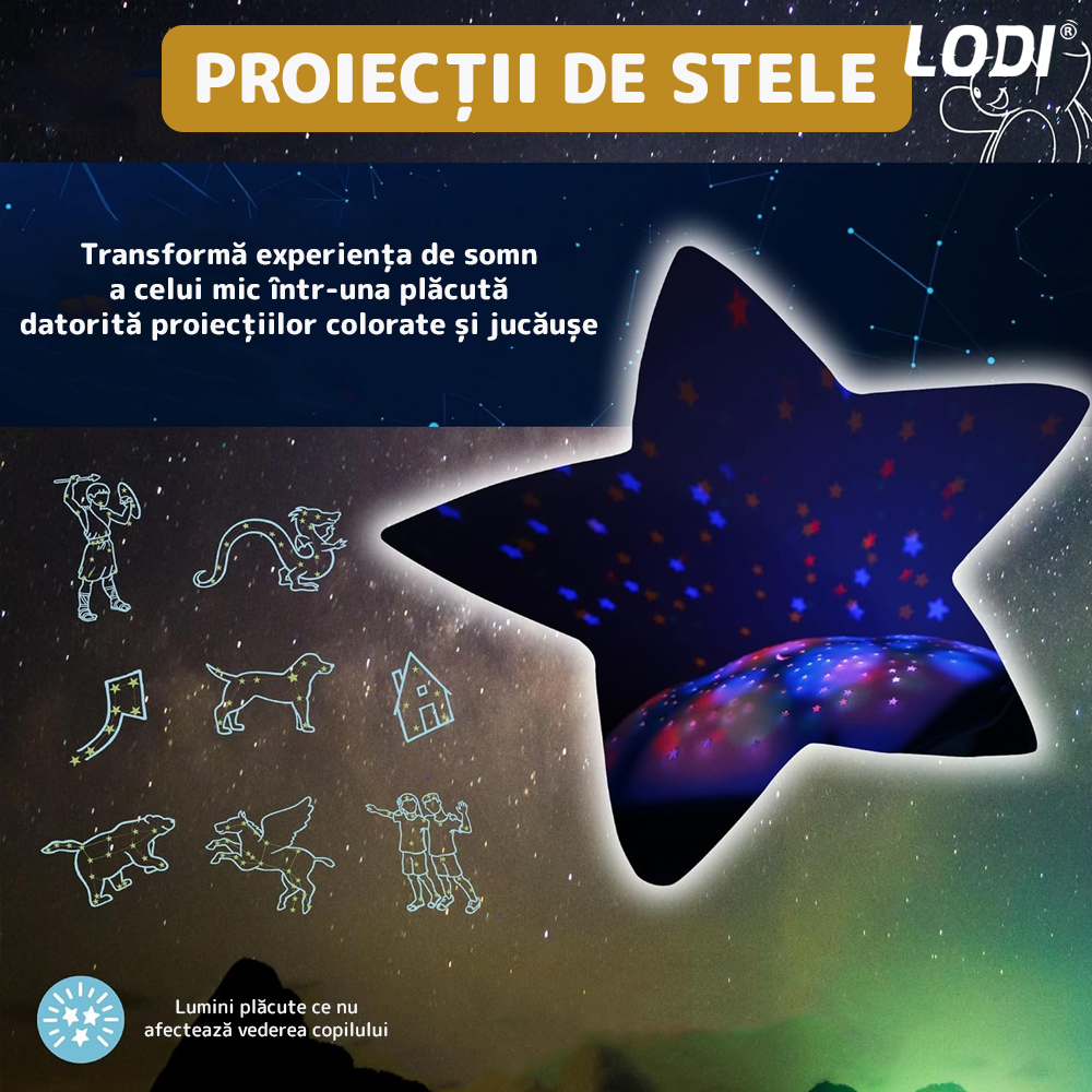Lampa de Veghe Testoasa Lodi1424, proiector de lumini, 8 constelatii, lumina RBG, 2 cantece de adormit copiii, pufoasa si moale, mod inchidere automata, galben/verde