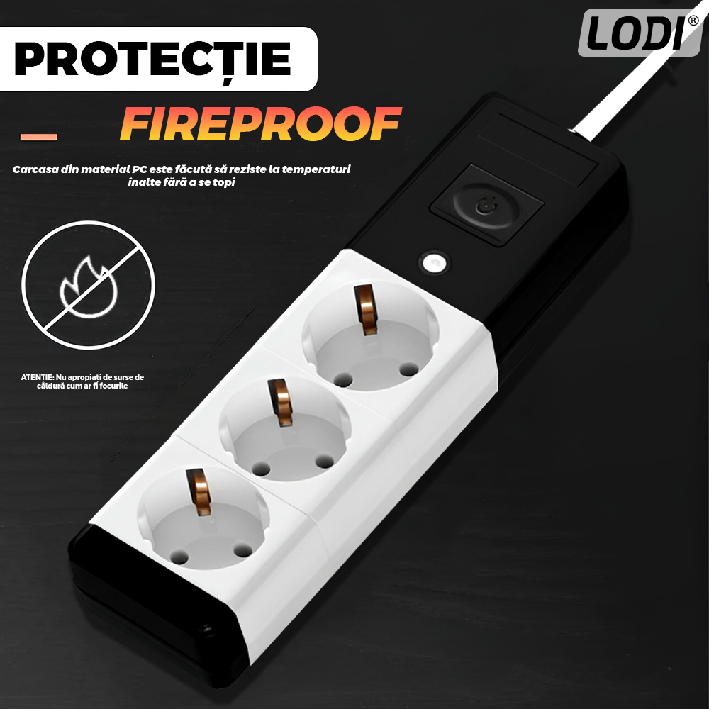 Prelungitor Lodi1280, 3 prize, intrerupator, suport de agatare incorporat, rezistent la temperaturi inalte, universal, lungime 3 metri, negru/alb