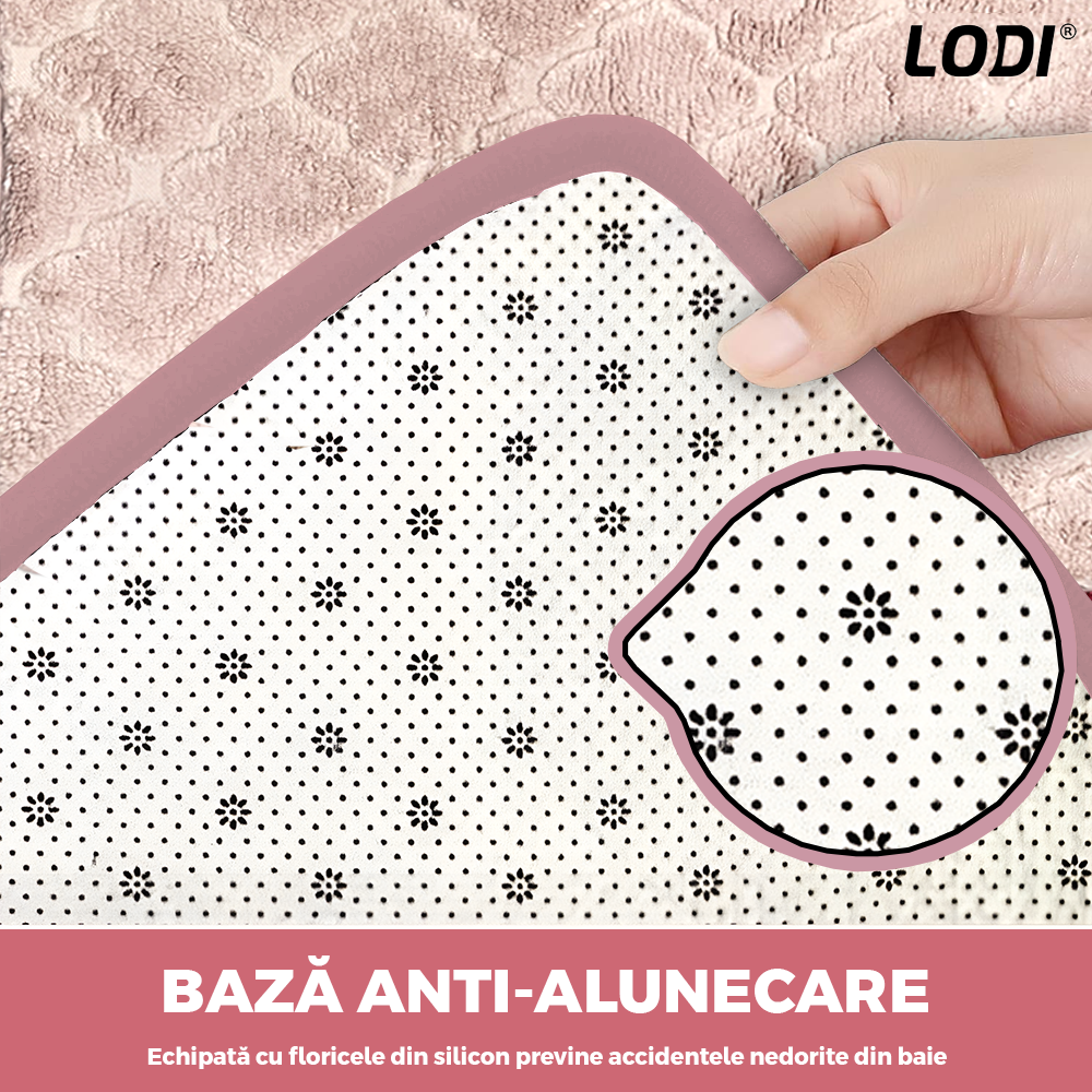 Set 2 Covorase de Baie Lodi1019, anti-derapante, material moale, design modern, model floral, 80x50 & 50x40cm, roz