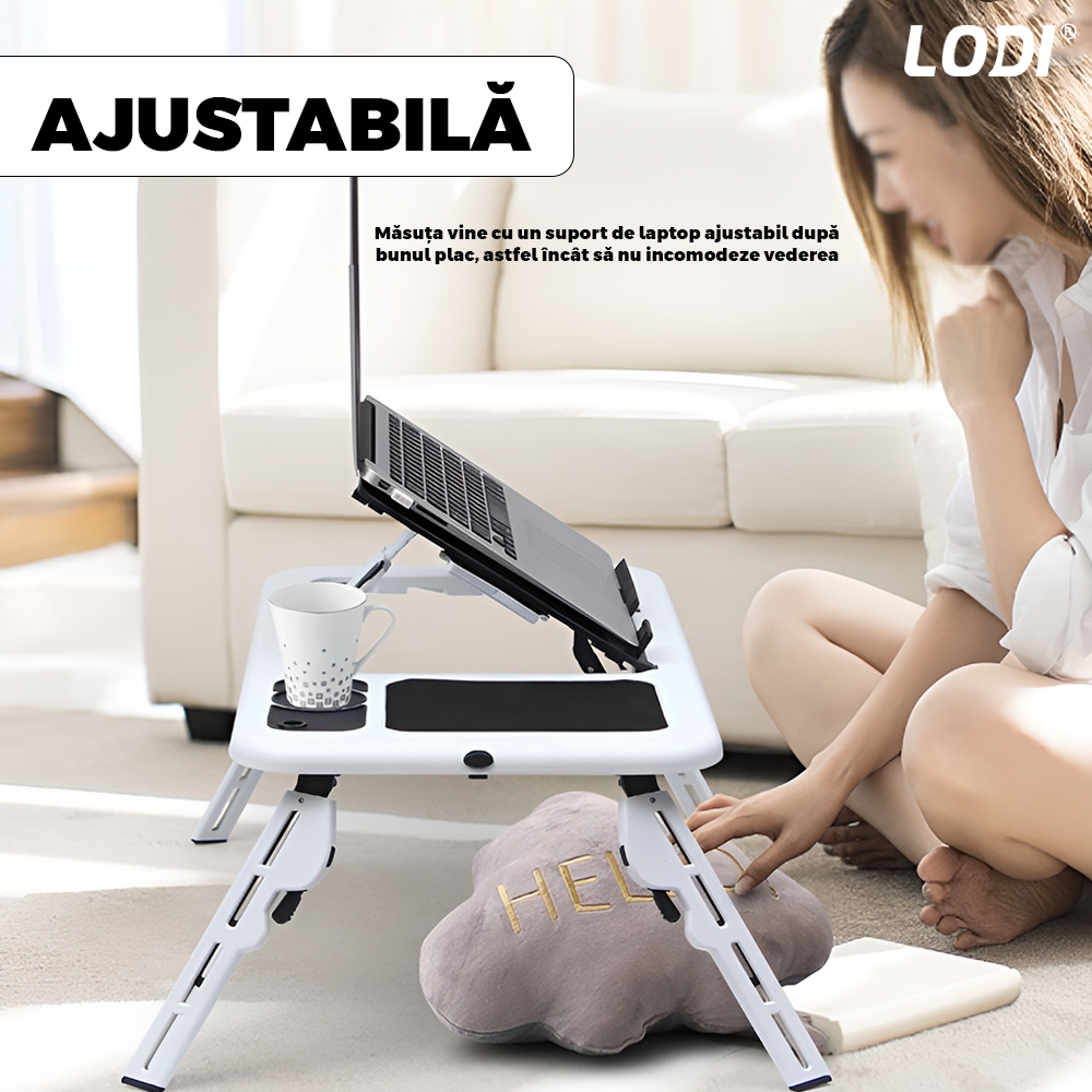 Masuta Universala Lodi1517, pliabila, pentru laptop/tableta/ mic dejun la pat, sistem cu fante de racire, suport pentru pahar, unghi reglabil, usor de depozitat, alb/negru