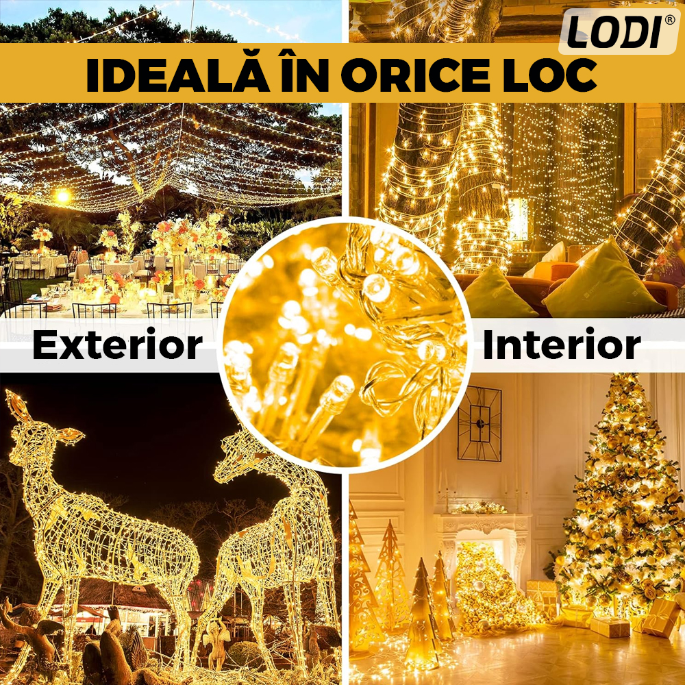 Instalatie de Craciun Liniara Lodi1457, 15 m, 8 jocuri de lumini, alimentare la priza, fir transparent, interior/exterior, rezistenta la apa, 200 LED-uri, alb cald