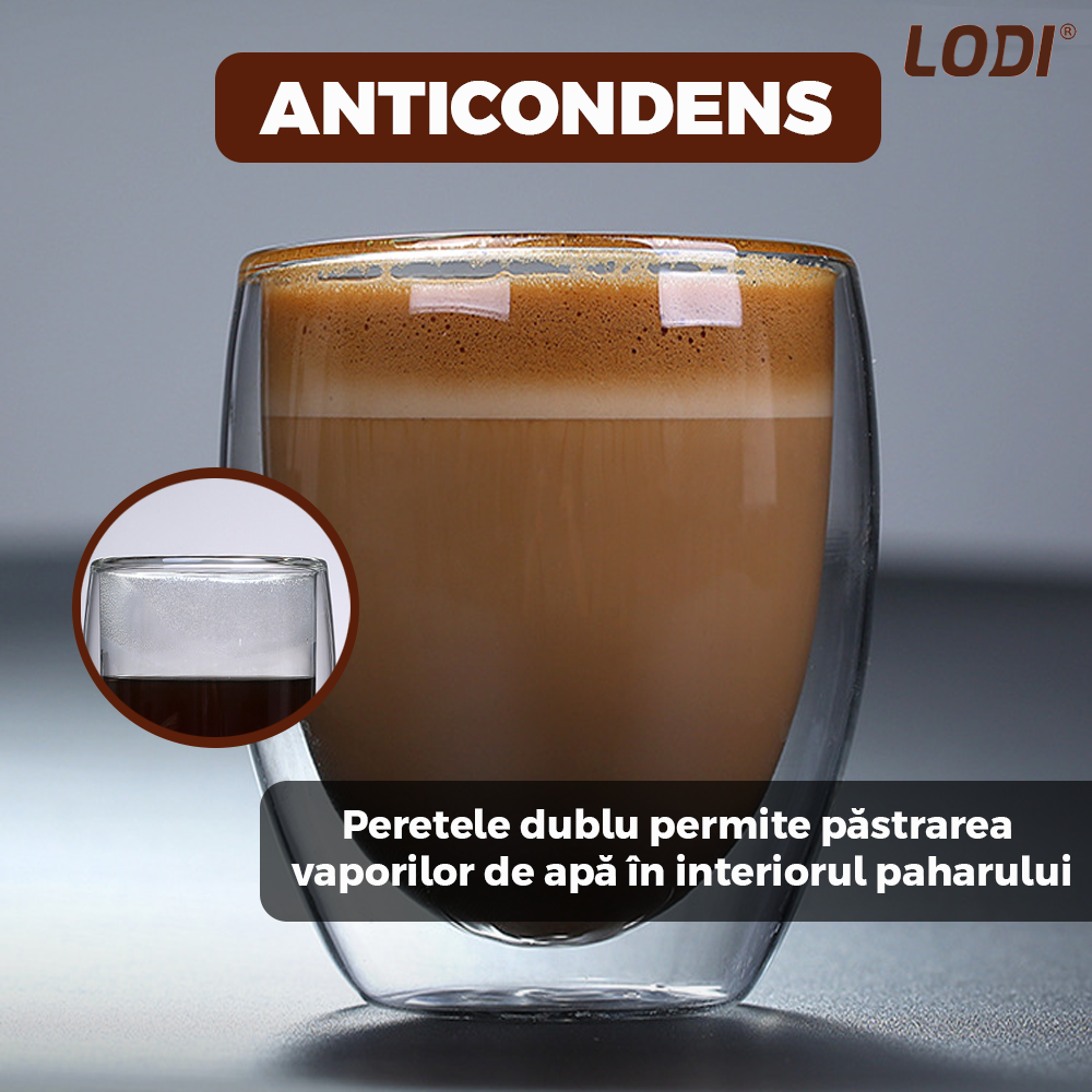 Set 6 Pahare din Sticla cu Perete Dublu Lodi1000, termorezistente, design modern, capacitate 250 ml, 9 x 8 cm