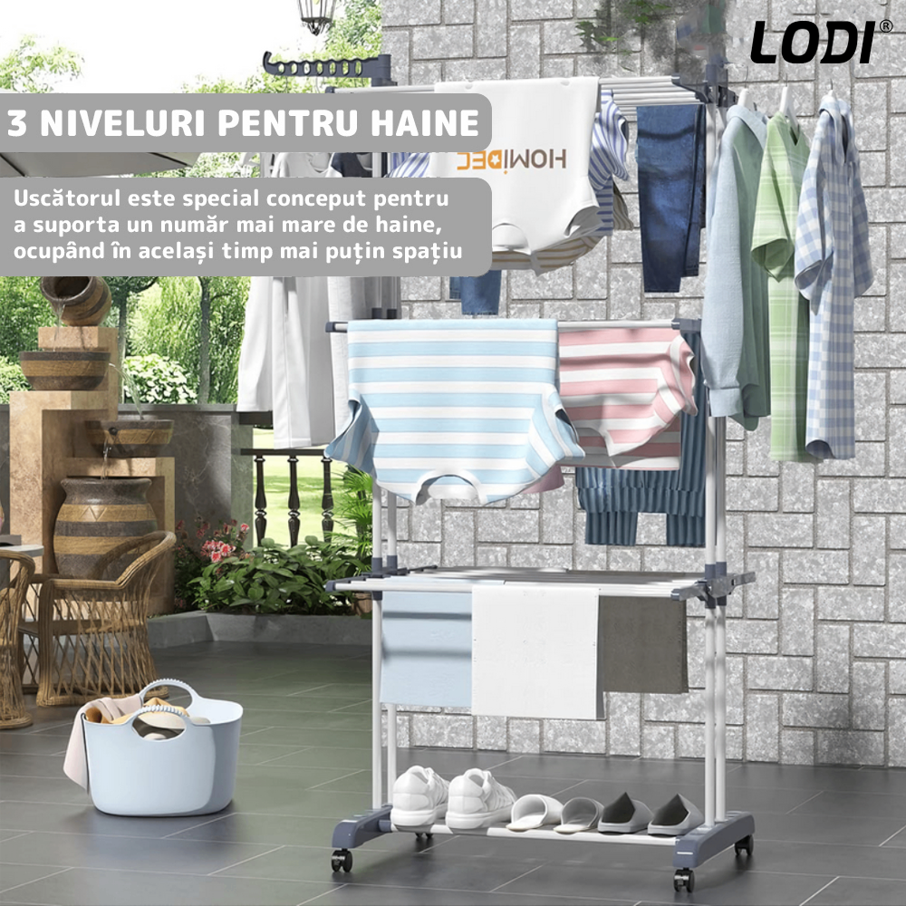 Uscator Vertical pentru Rufe si Haine Lodi1512, 3 niveluri, mobil, pliabil, pentru spatii mici, suport umerase, cadru rezistent, inaltime 175cm, gri
